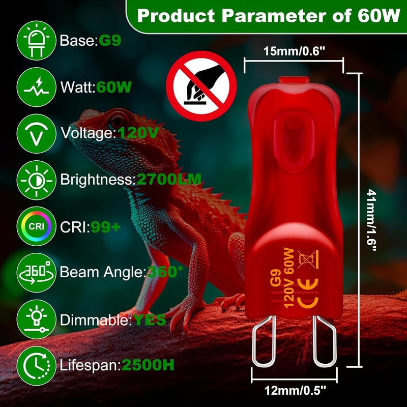 Jaenmsa Reptile Heat Lamp Bulbs 60W 120V, 2 Pcs UVA UVB G9 Infrared Night Heat Light Bulbs for Turtle,Leopard Gecko,Bearded Dragon, Snake,Lizard Mini Reptile Halogen Heating Bulb 2 Pin Dimmable - Image 2